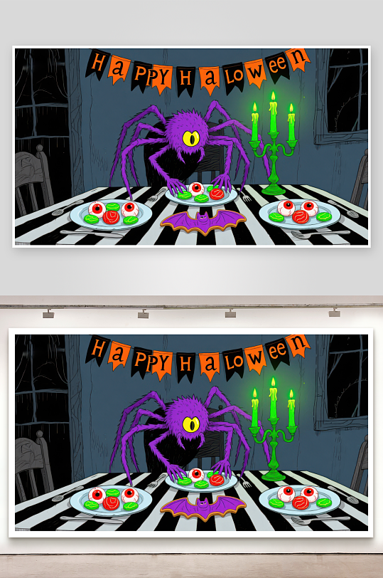 万圣节餐桌上的紫色蜘蛛-众图网