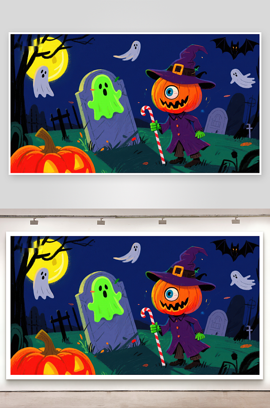 万圣节南瓜头小孩在墓地探险-众图网