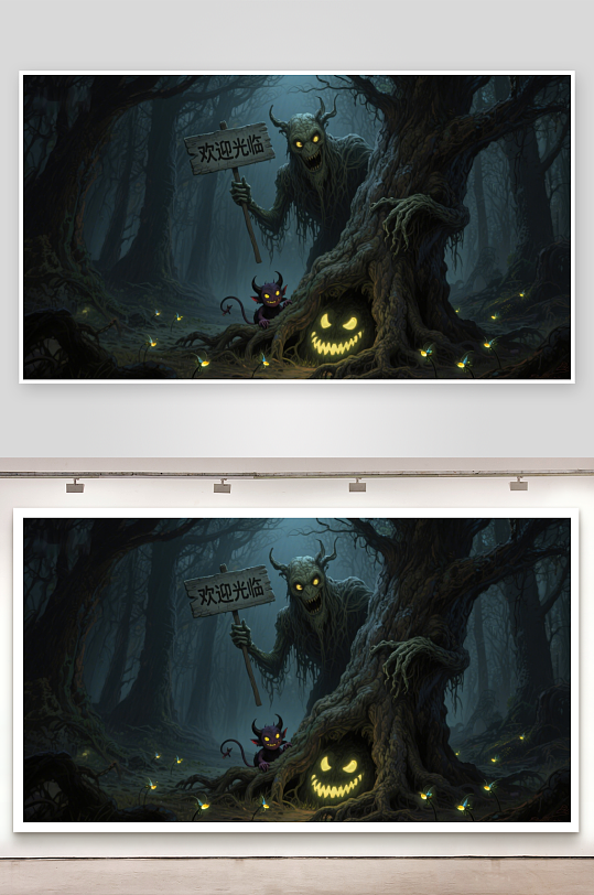 幽暗森林中的神秘怪物与欢迎牌-众图网