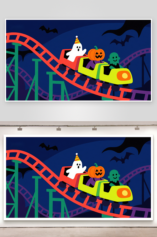 万圣节主题过山车上的幽灵与南瓜-众图网