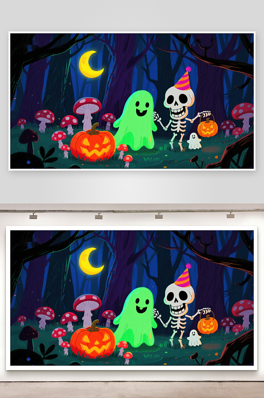 万圣节森林中的骷髅与幽灵-众图网