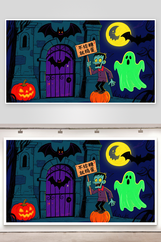 万圣节夜景僵尸举牌幽灵飘浮-众图网