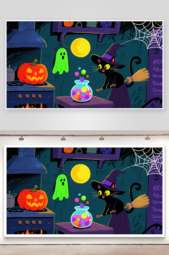 万圣节夜景黑猫与糖果罐-众图网