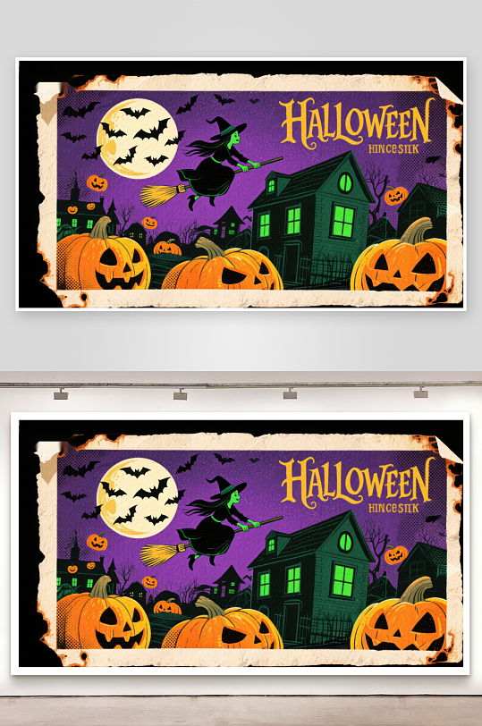 万圣节夜景女巫飞过南瓜灯与鬼屋-众图网