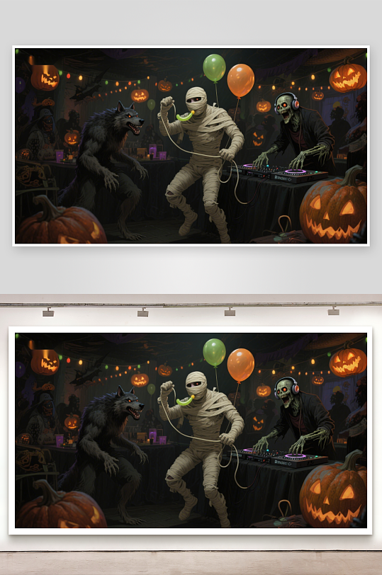 万圣节派对木乃伊DJ与狼人共舞-众图网