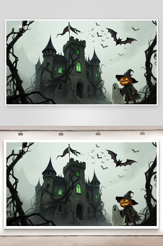 万圣节城堡与幽灵南瓜灯-众图网
