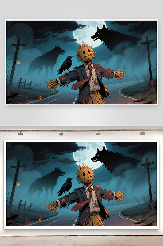 月夜下的稻草人与狼-众图网