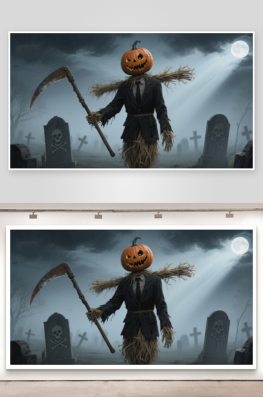 南瓜头稻草人手持镰刀在墓地-众图网