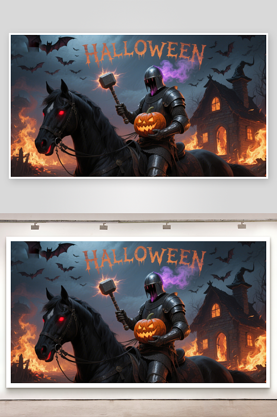 骑士持南瓜灯骑马背景万圣节夜景-众图网