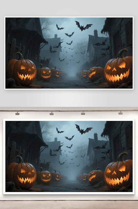 万圣节夜景南瓜灯与飞蝠-众图网