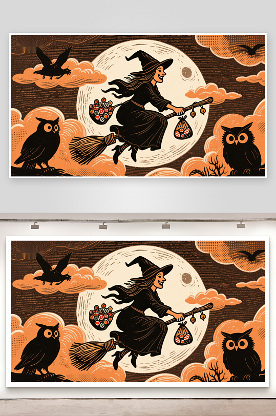 巫女夜空飞行满月伴飞鸟-众图网