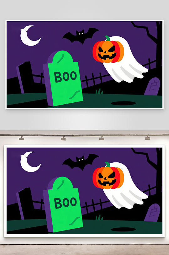 万圣节夜景南瓜幽灵与墓碑-众图网
