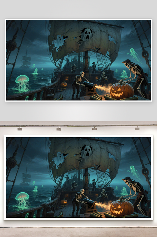 幽灵海盗船上的万圣节夜景-众图网