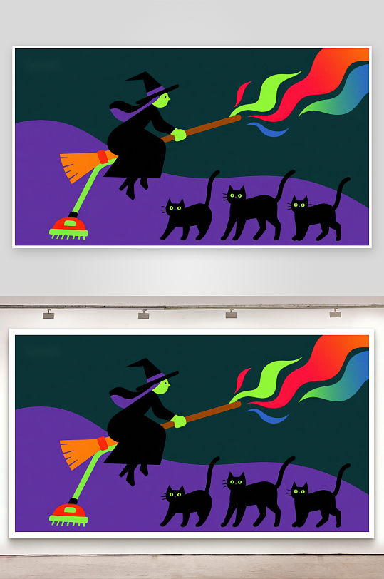 巫师骑帚飞行三只黑猫相伴-众图网