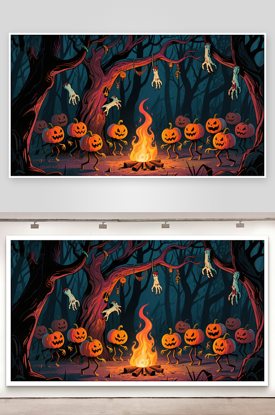 万圣节南瓜灯森林篝火夜景-众图网