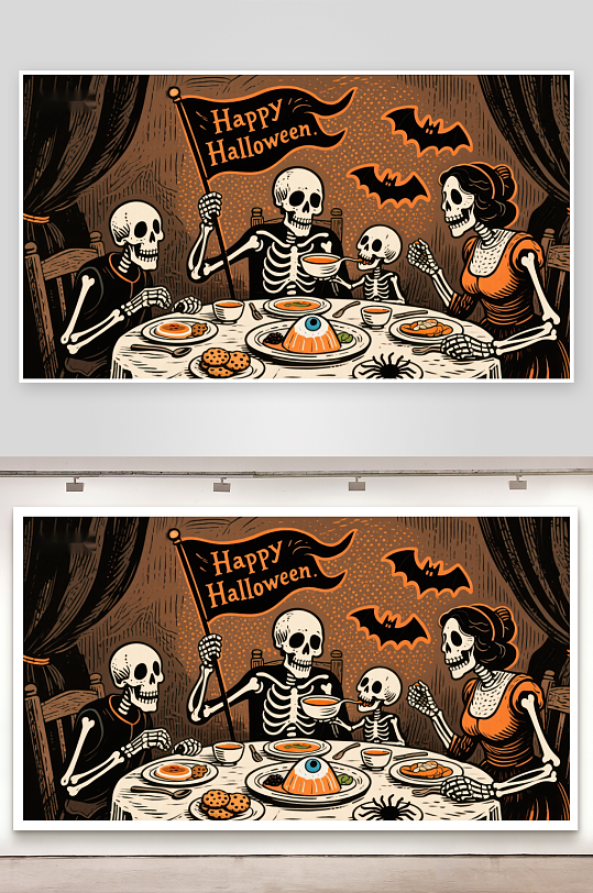 骷髅家庭共度万圣节晚餐-众图网