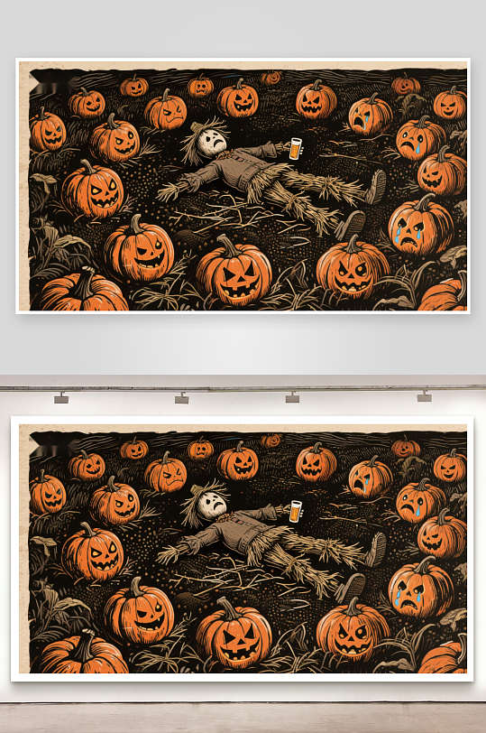 南瓜地里的稻草人与啤酒杯-众图网