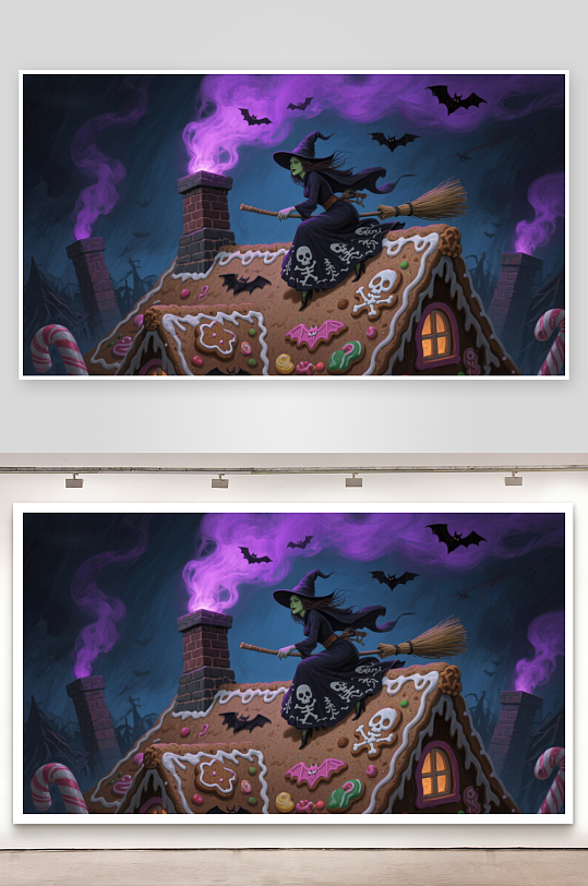 巫师骑帚飞过糖果屋-众图网