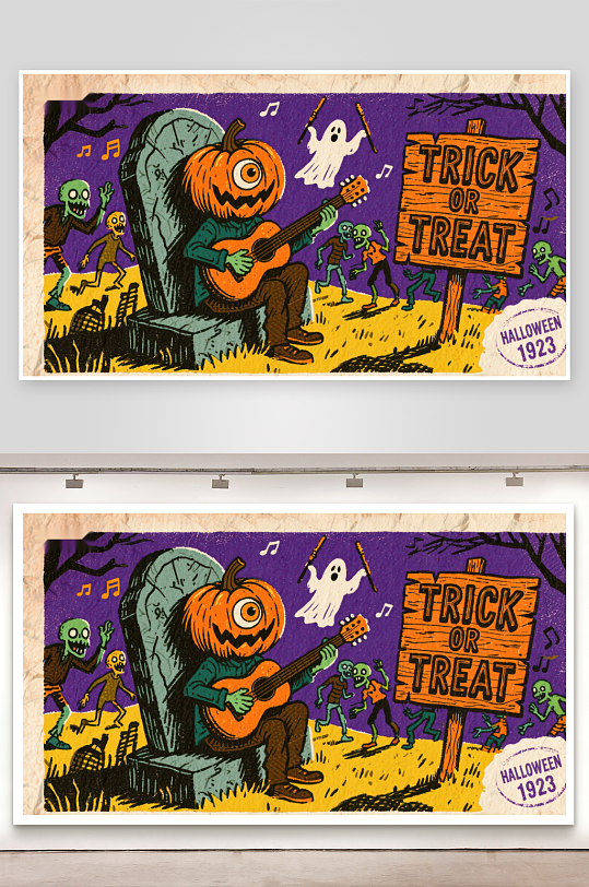 南瓜人弹吉他墓地万圣节派对-众图网