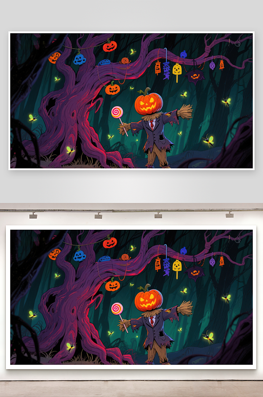 万圣节南瓜头人物在神秘森林中-众图网