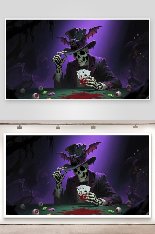 骷髅赌徒在神秘紫光中玩牌-众图网