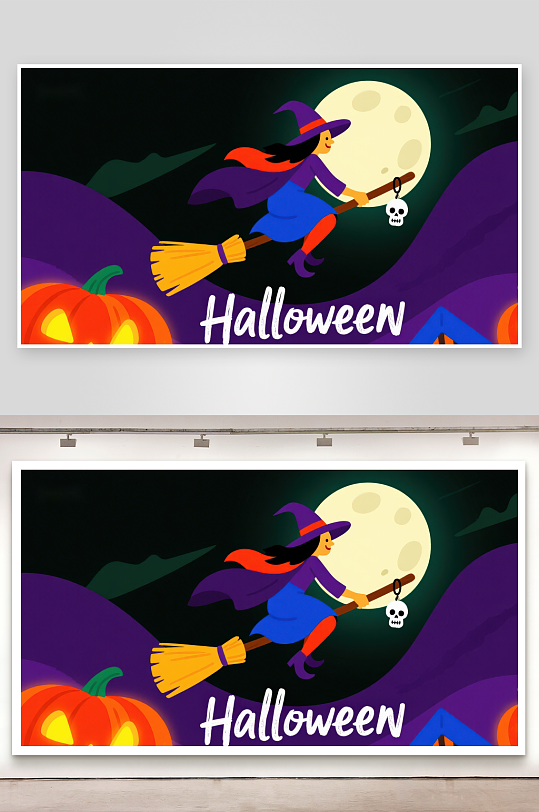 万圣节女巫骑扫帚夜空飞行-众图网