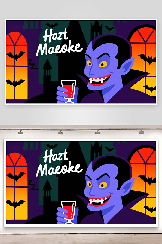 吸血鬼手持酒杯背景为万圣节城堡-众图网