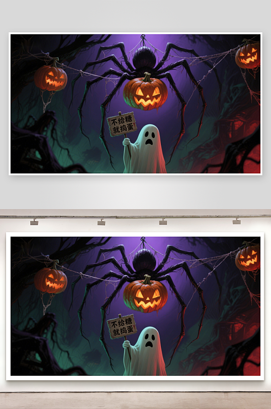 万圣节鬼魂与蜘蛛的南瓜灯夜景-众图网