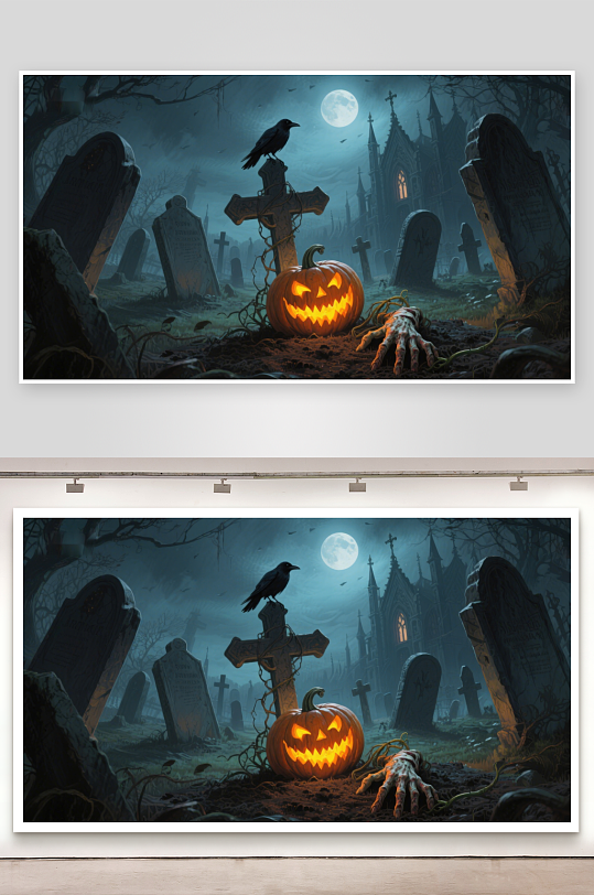 万圣夜墓地南瓜灯与乌鸦-众图网