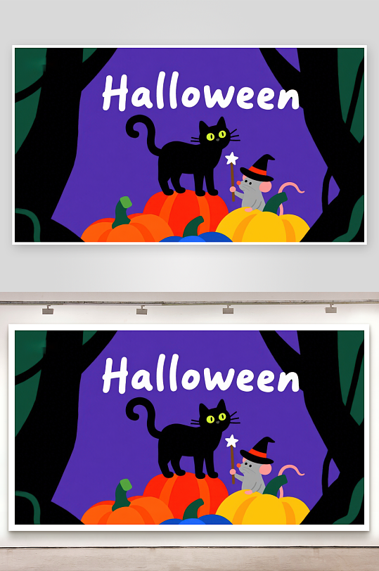 万圣节夜景黑猫与南瓜-众图网