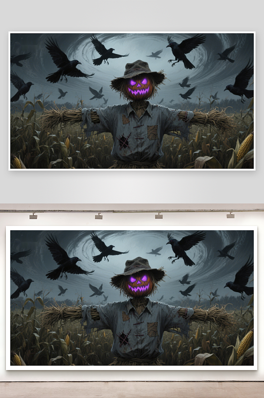南瓜灯脸的稻草人与飞翔的乌鸦-众图网