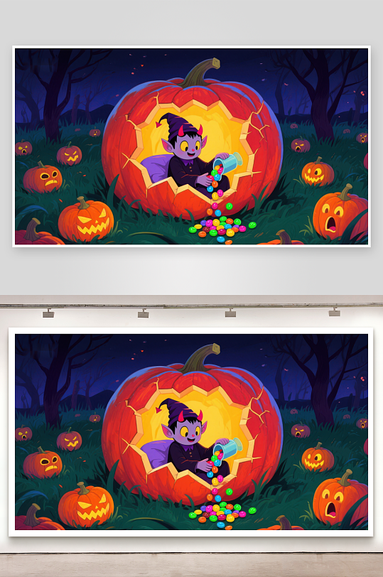 南瓜灯中的小恶魔倒糖果-众图网