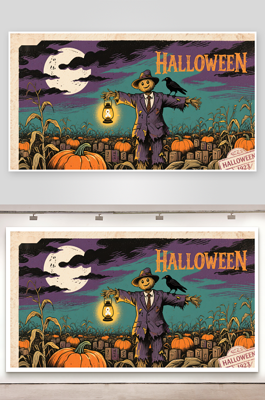 万圣节稻草人灯笼南瓜田-众图网