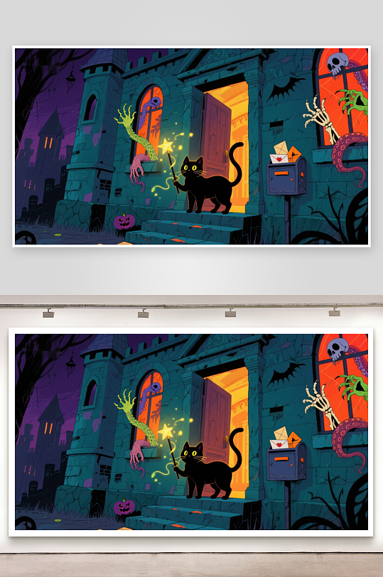 万圣节夜景黑猫与幽灵古堡-众图网