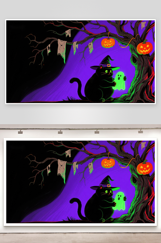 万圣夜黑猫与幽灵的神秘树下-众图网