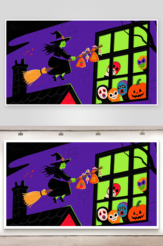 万圣夜女巫飞行分发糖果-众图网