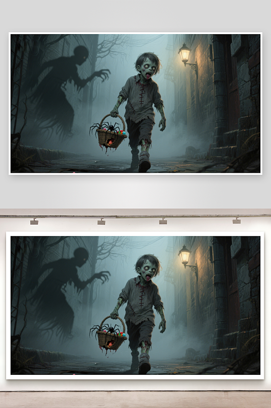 僵尸孩童提篮行走在幽暗巷道-众图网