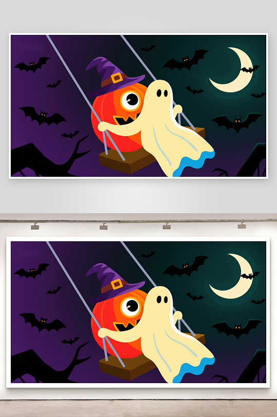 万圣节南瓜与幽灵荡秋千-众图网