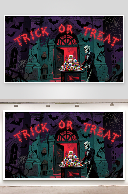 万圣节骷髅迎宾糖果堆前的神秘城堡-众图网