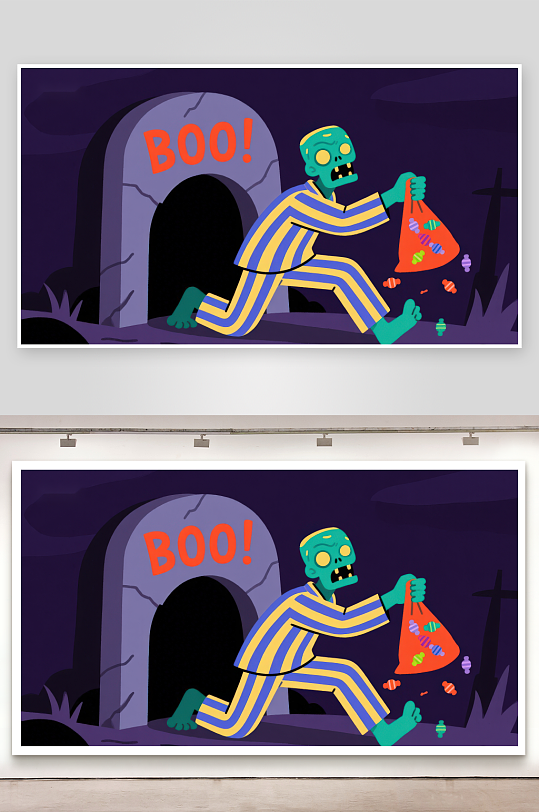 僵尸手提糖果袋墓碑前惊呼BOO-众图网