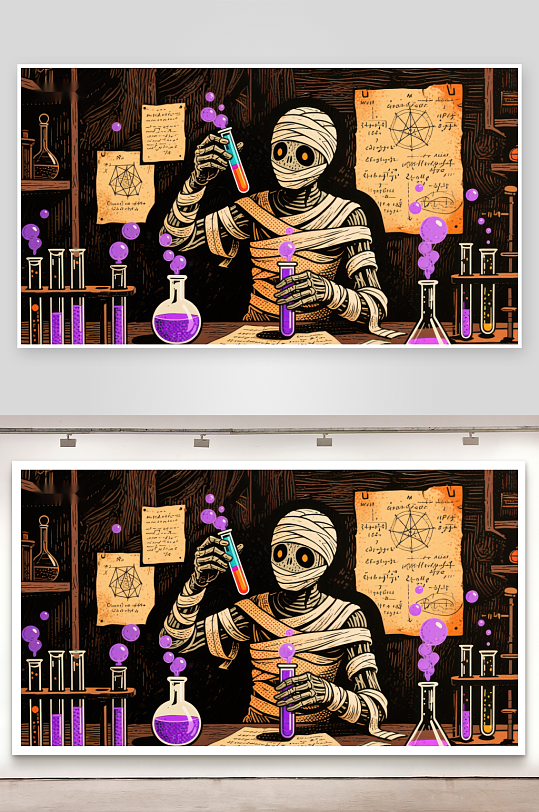 木乃伊在实验室进行化学实验-众图网