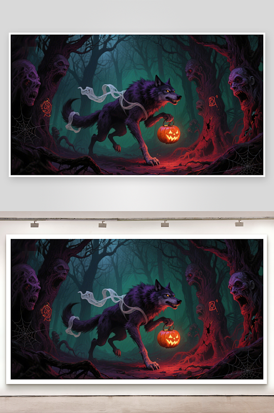 狼人提着南瓜灯在幽暗森林中-众图网