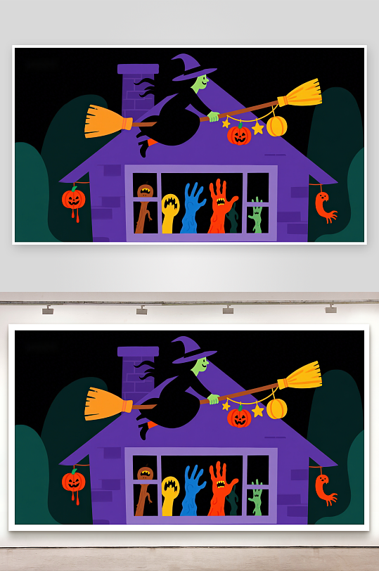 万圣节夜景女巫骑扫帚飞过鬼屋-众图网