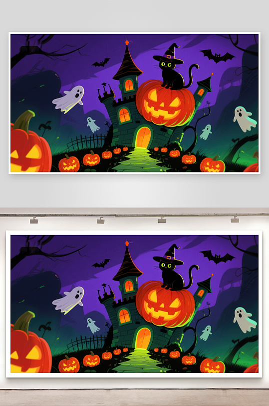 万圣节夜景南瓜灯与幽灵城堡-众图网