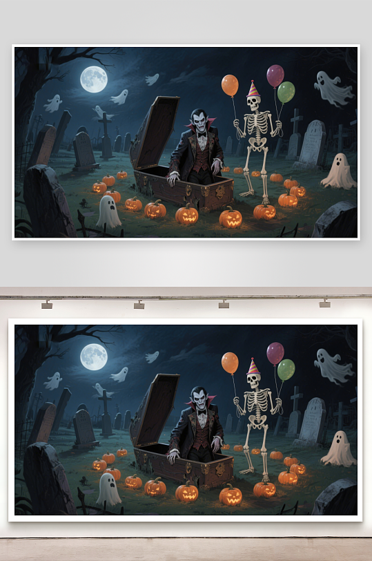 万圣夜墓地里的吸血鬼与骷髅-众图网