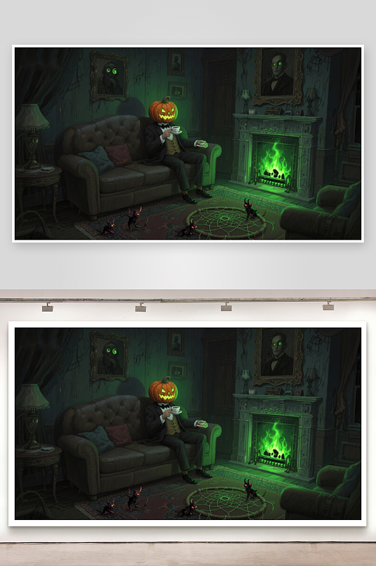 南瓜头绅士在幽灵客厅品茶-众图网