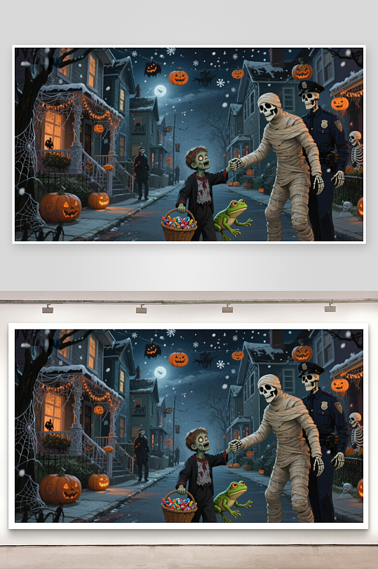 万圣节夜景僵尸木乃伊与警察的互动-众图网