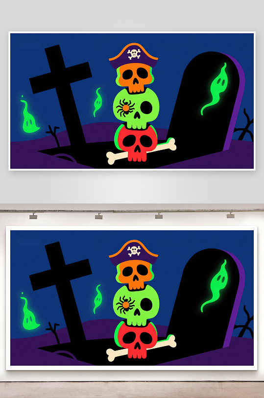 万圣节骷髅堆叠在墓碑旁-众图网