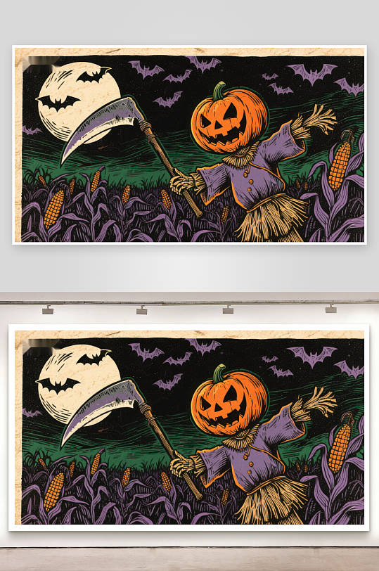 万圣节南瓜灯与镰刀的夜景-众图网