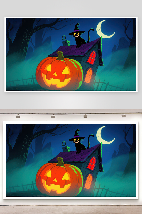 万圣节夜景南瓜灯与屋顶黑猫-众图网